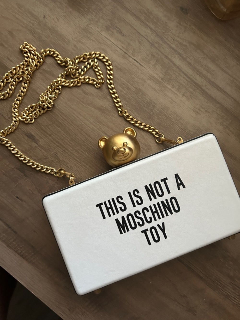 Moschino White Box Purse with Gold Teddy Top